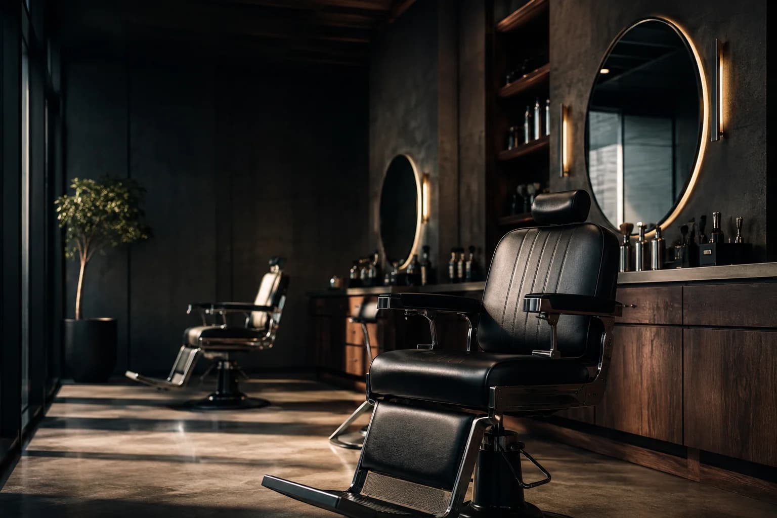 Interior de uma barbearia contemporânea, com cadeiras de atendimento e iluminação acolhedora